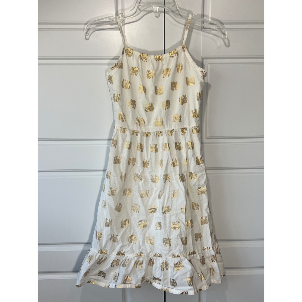 Crazy 8 Girl's White Gold Elephant Print Ruffle Hem Button Back Dress